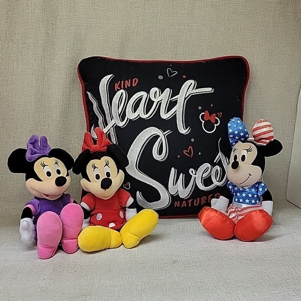 3 9 1/2" Plush Minnie Mouse toys, 12x12 pillow